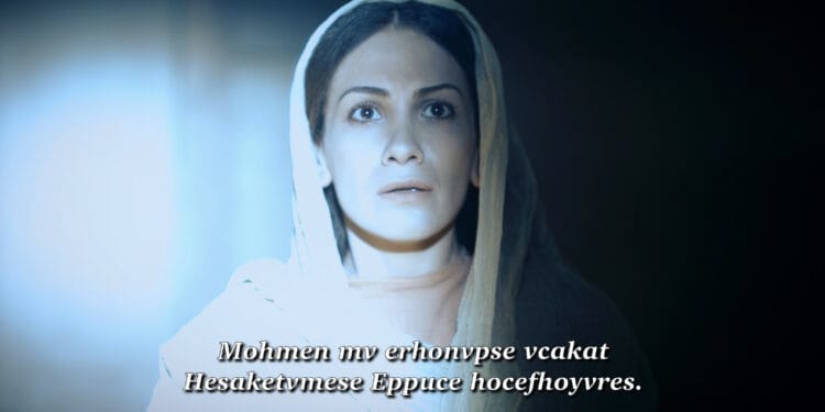 A scene from the film “The Savior” featuring actress Hanan Hilo as Mary, which is currently being dubbed and subtitled in the Mvskoke language. (Courtesy: The Savior Film)